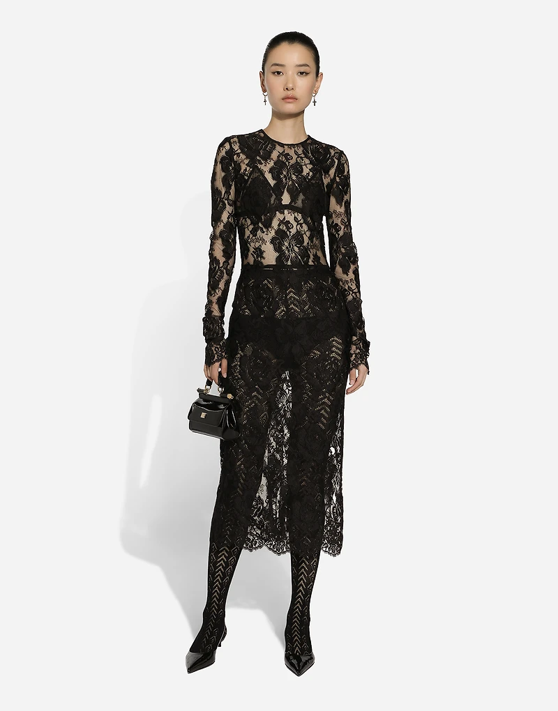 Calf-length floral lace dress