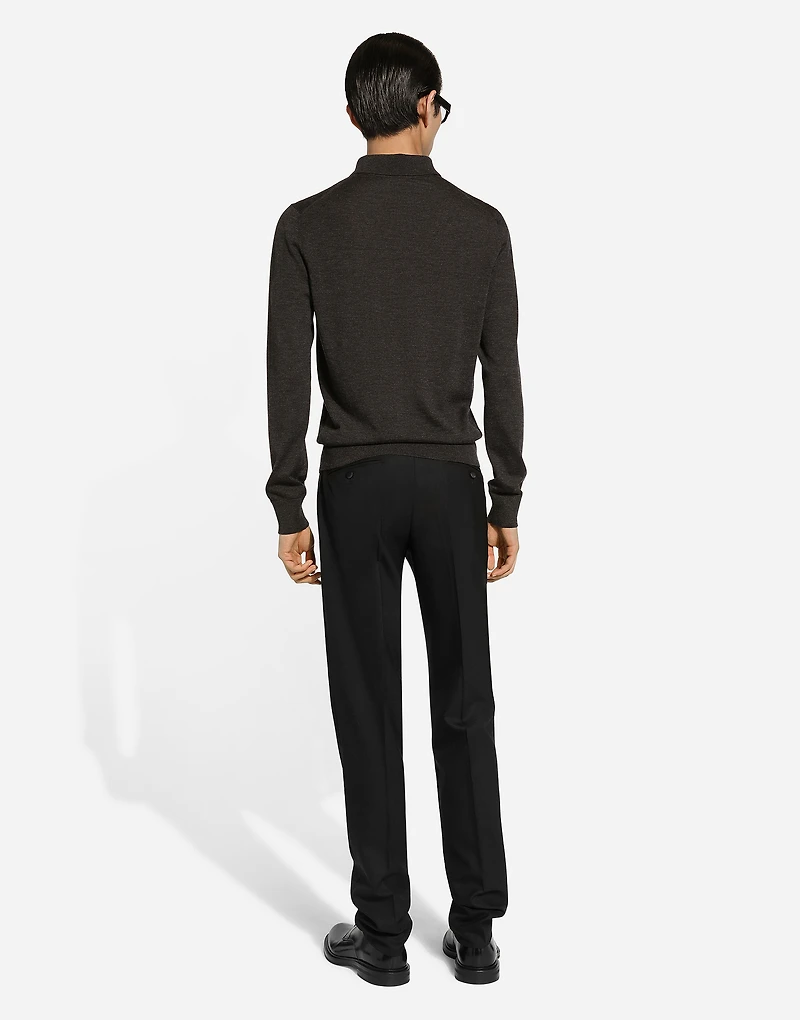Long-sleeved cashmere polo-shirt with embroidered logo