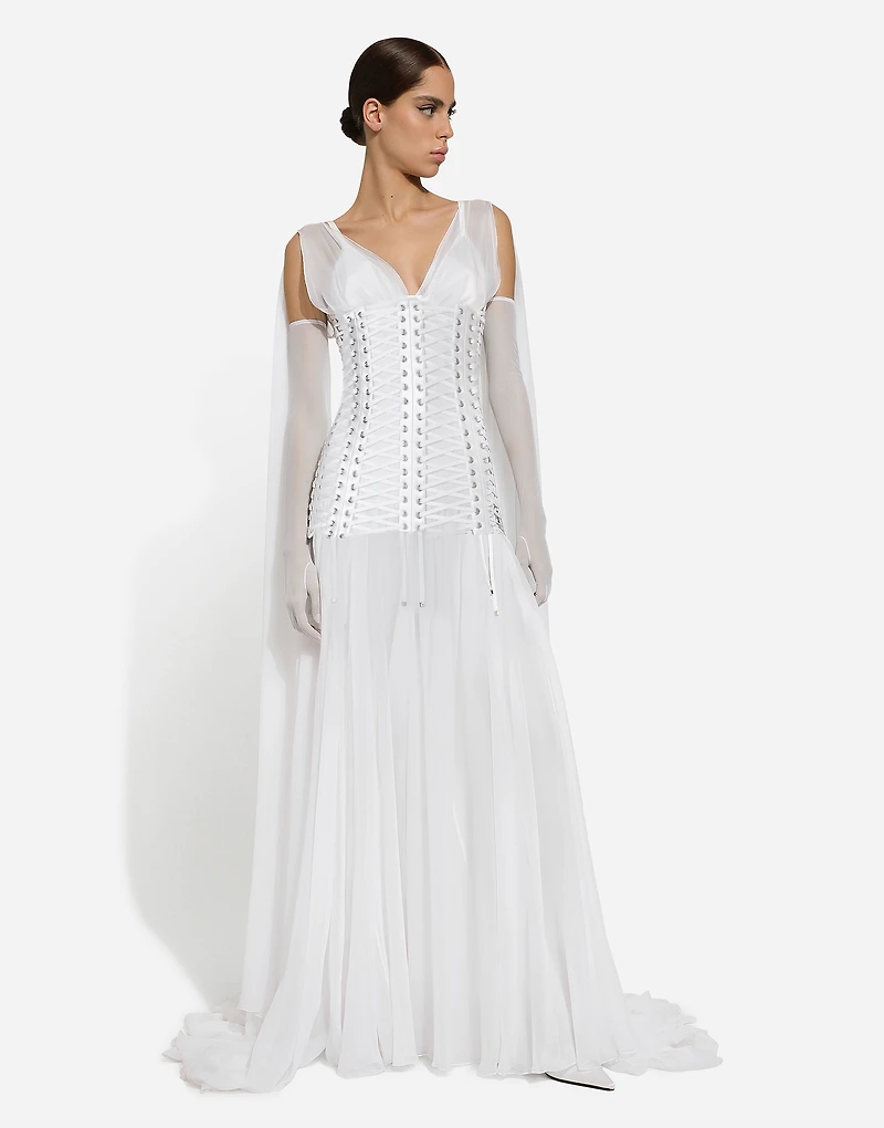 Long chiffon dress with corset details
