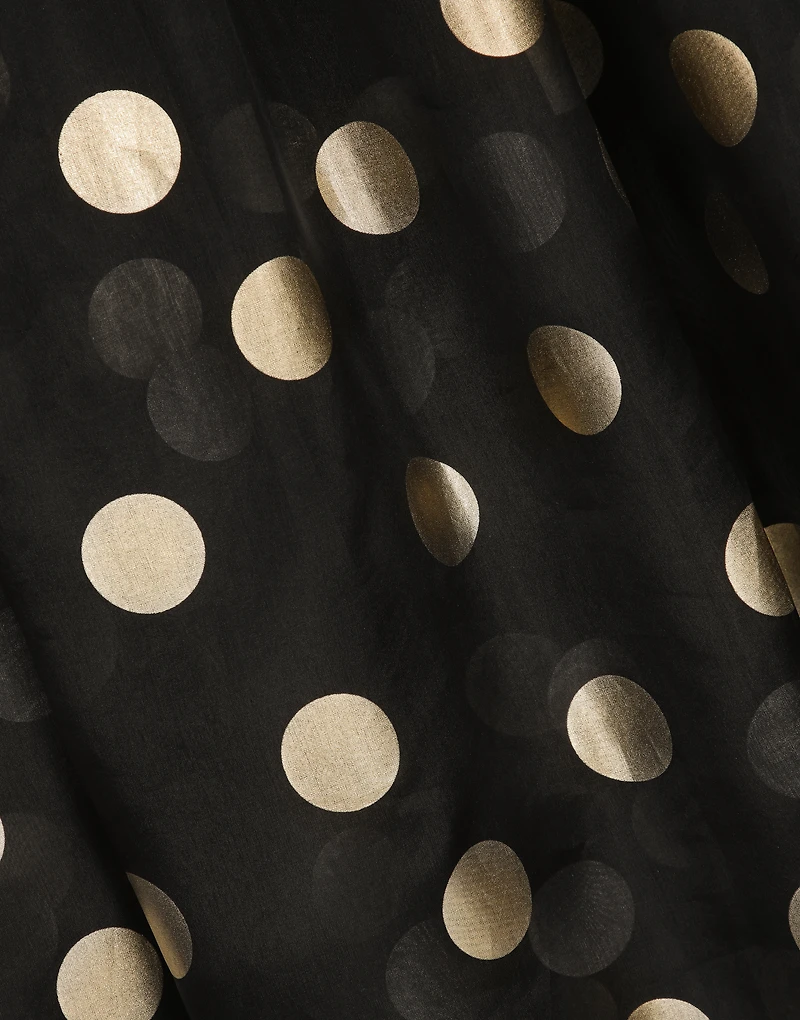 Long polka-dot silk organza dress with feathered details