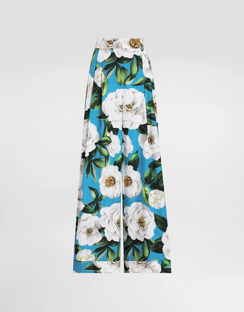 Cotton palazzo pants with gardenia print