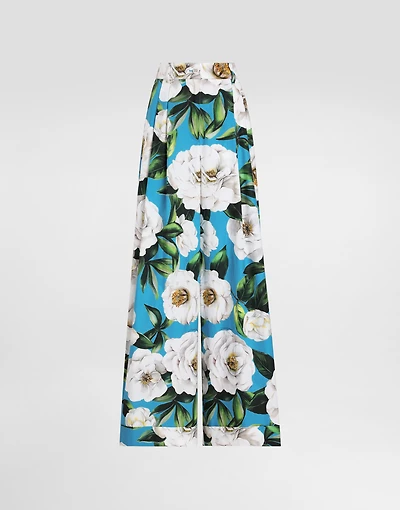 Cotton palazzo pants with gardenia print