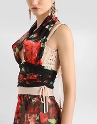 Marquisette and chiffon corset top with floral print
