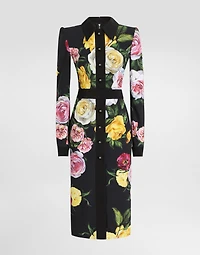 Calf-length cady shirt dress with peony and rose print