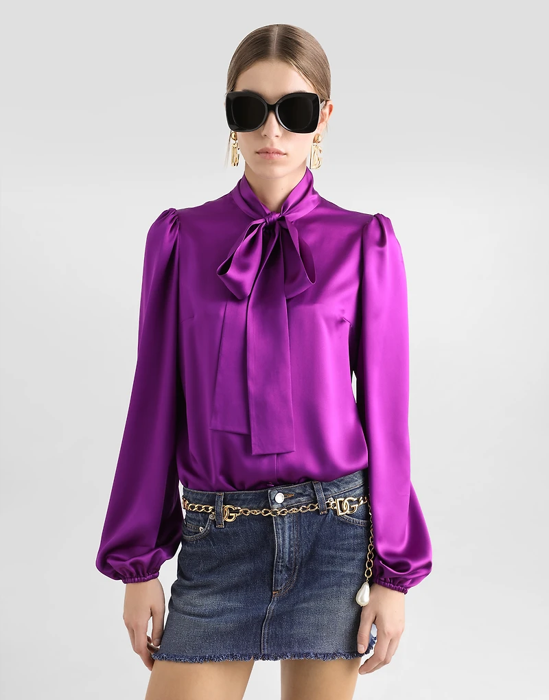 Silk satin shirt with pussy-bow