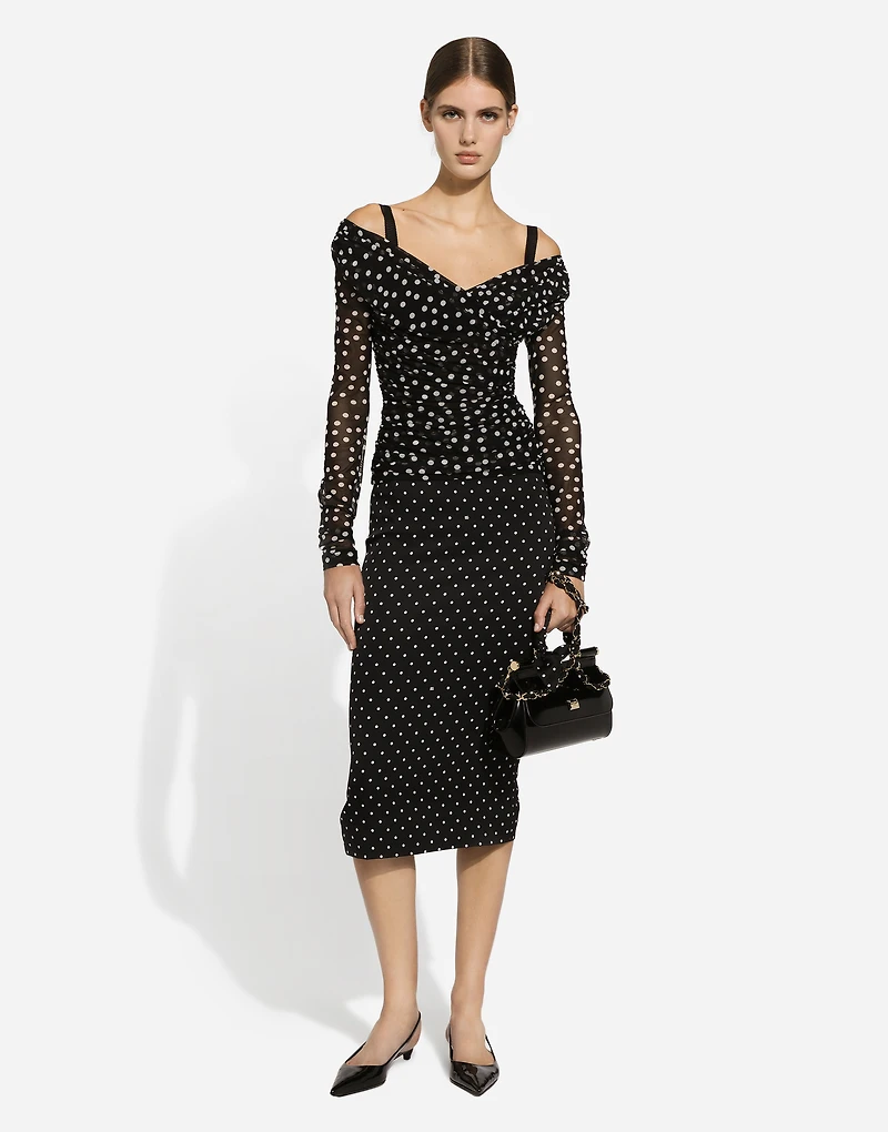 Charmeuse calf-length pencil skirt with polka-dot print
