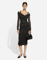 Charmeuse calf-length pencil skirt with polka-dot print