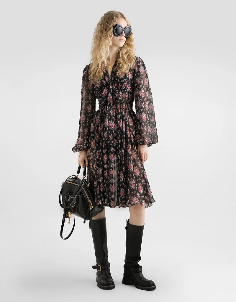 Small flower bouquets-print chiffon dress