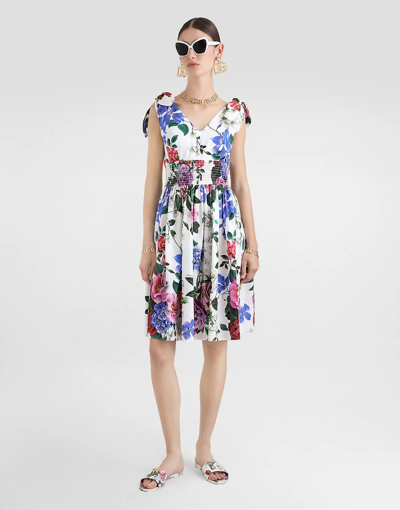 Cotton midi dress with floral print and tie details