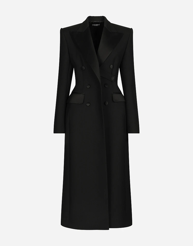 Double-breasted wool gabardine tuxedo coat with padded hips