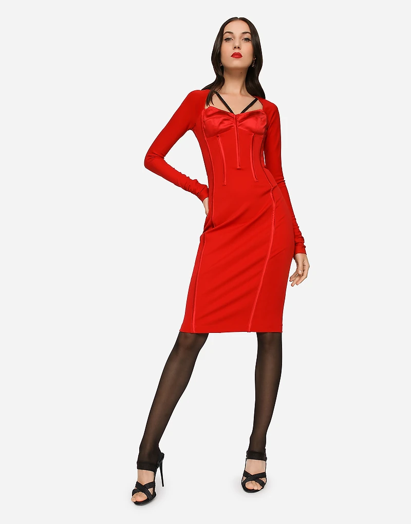 Viscose calf-length dress with corset details