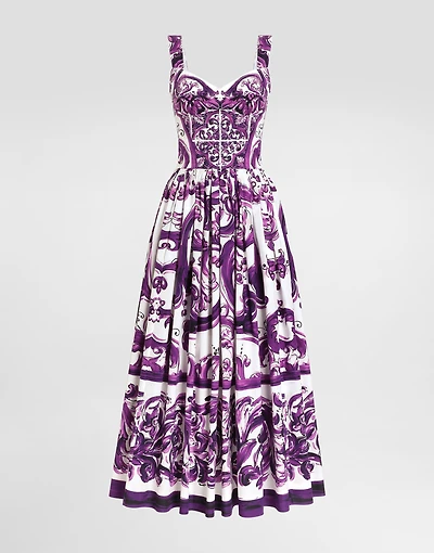 Long poplin dress with Majolica print
