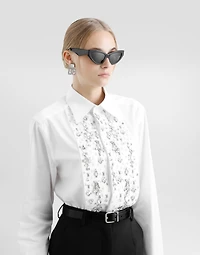 Cotton tuxedo shirt with rhinestone-embroidered front