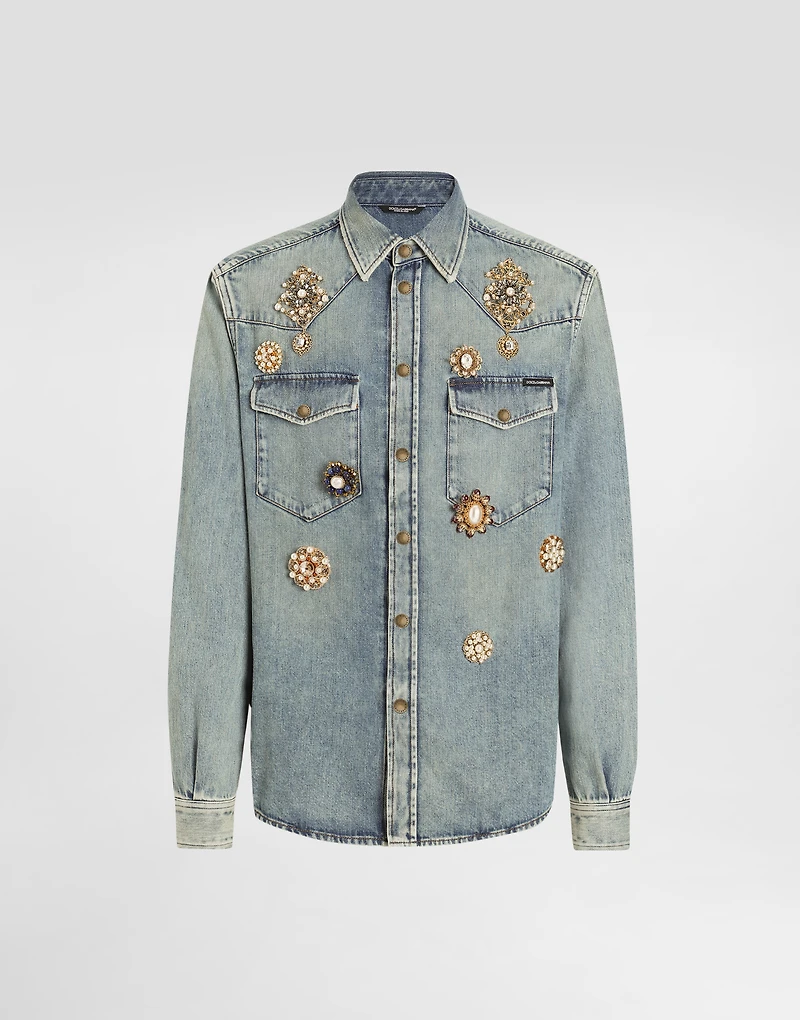 Denim shirt with bejeweled appliqués