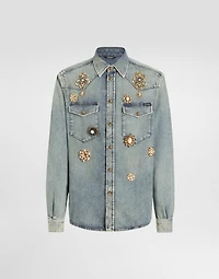 Denim shirt with bejeweled appliqués