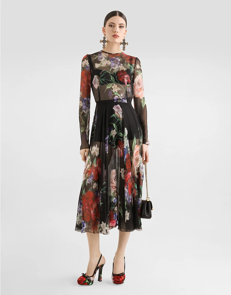 Floral-print chiffon calf-length dress with circle skirt