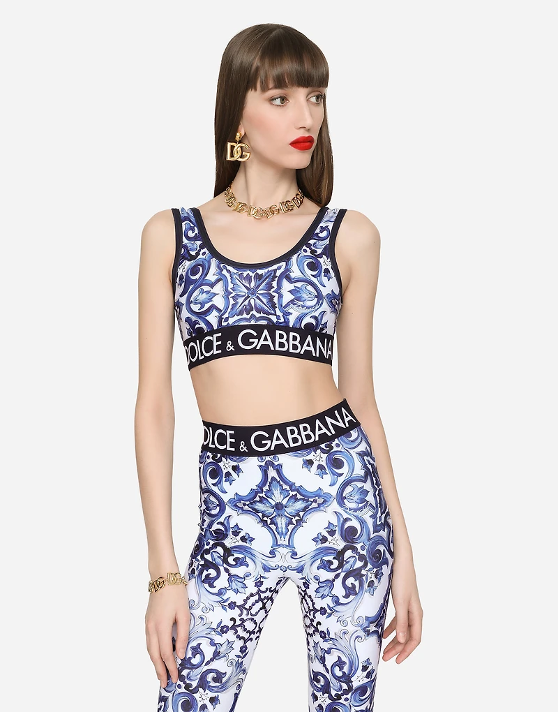 Majolica-print jersey top with branded elastic