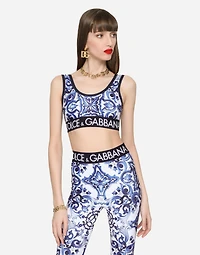 Majolica-print jersey top with branded elastic
