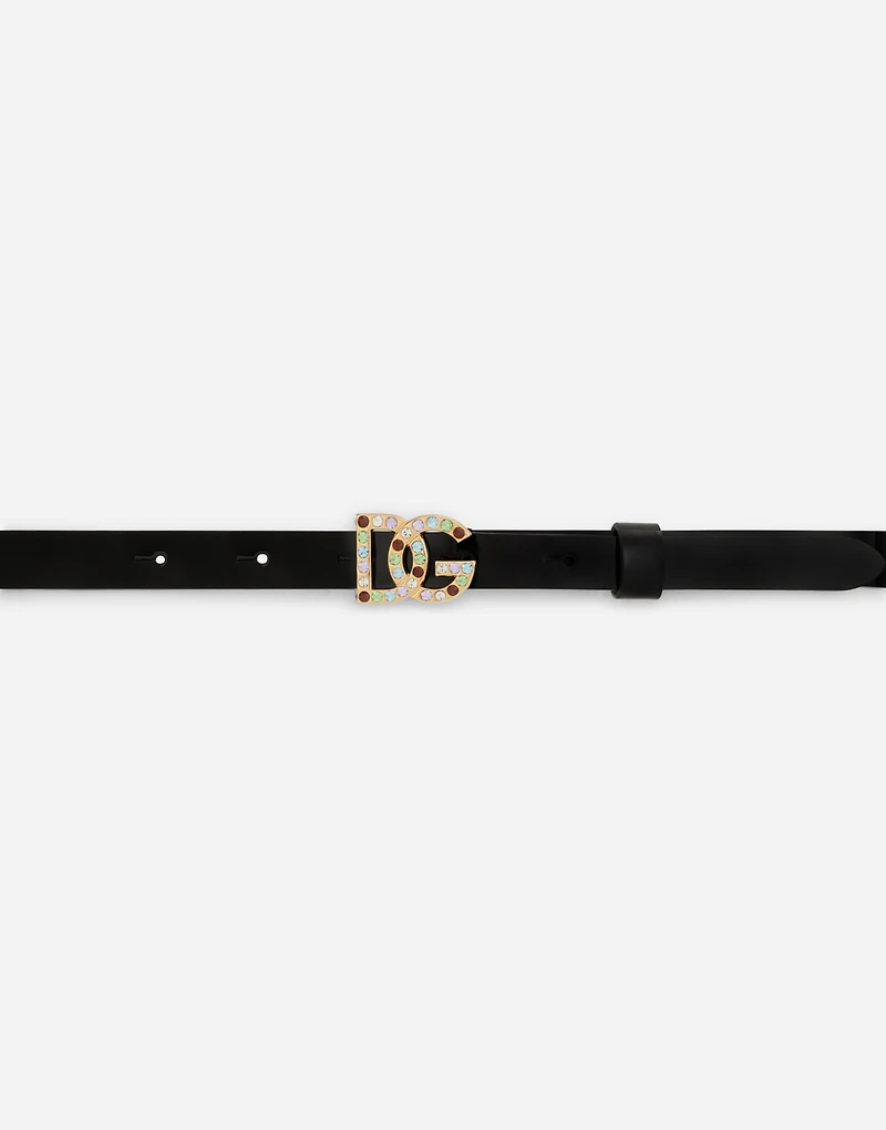Patent leather belt with multi-colored crystals