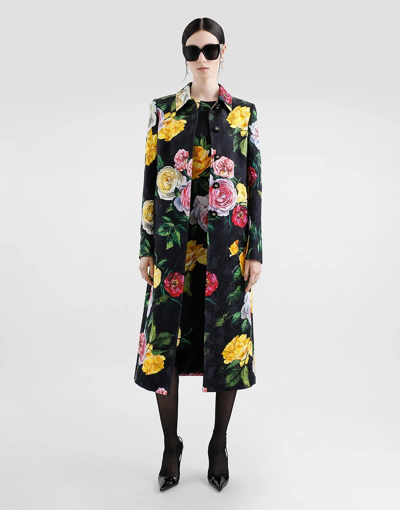 Charmeuse calf-length sheath dress with peony and rose print