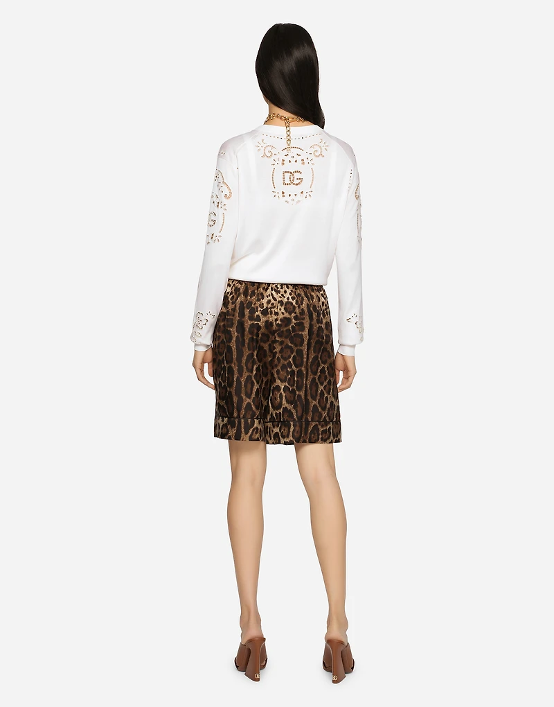 Leopard-print twill shorts with piping