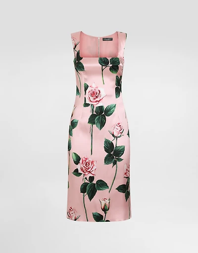 Satin calf-length sheath dress with rose print