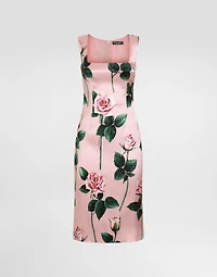 Satin calf-length sheath dress with rose print