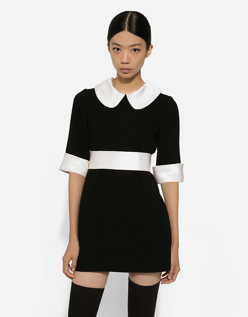 Short wool crepe dress with satin details