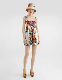 Flower bouquet-print poplin dress