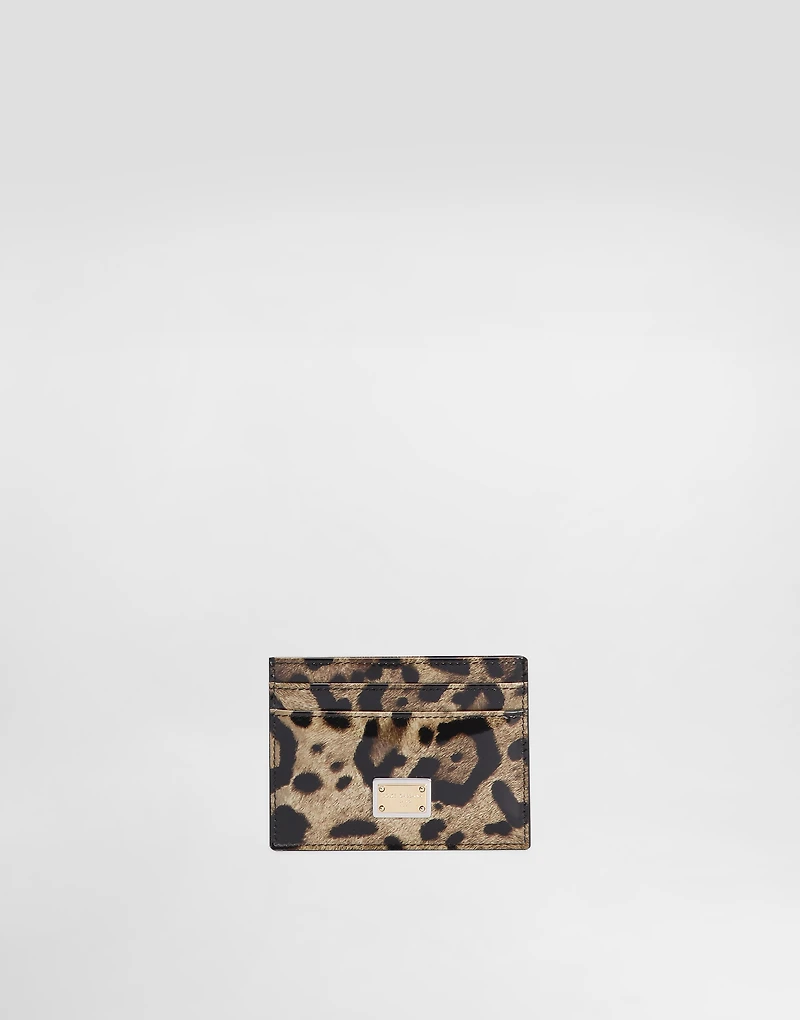 Polished calfskin card holder with leopard print
