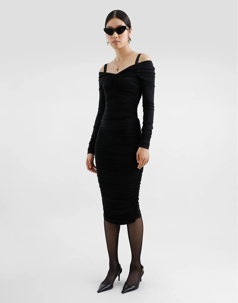 Organzine draped calf-length dress