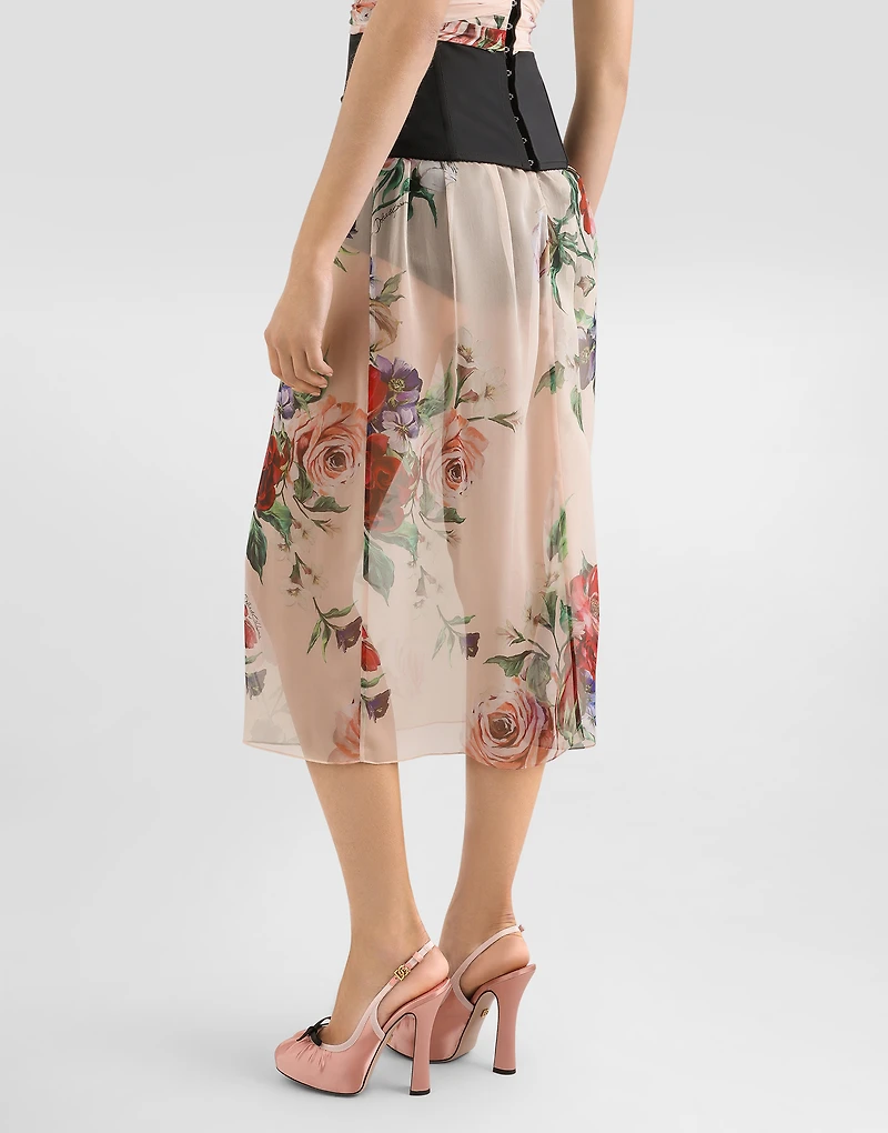 Floral-print chiffon calf-length skirt