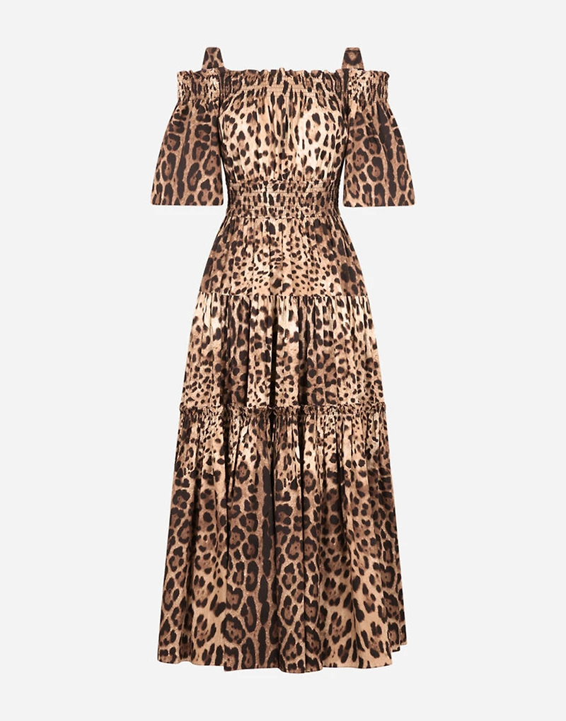 Long leopard-print poplin dress