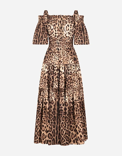 Long leopard-print poplin dress