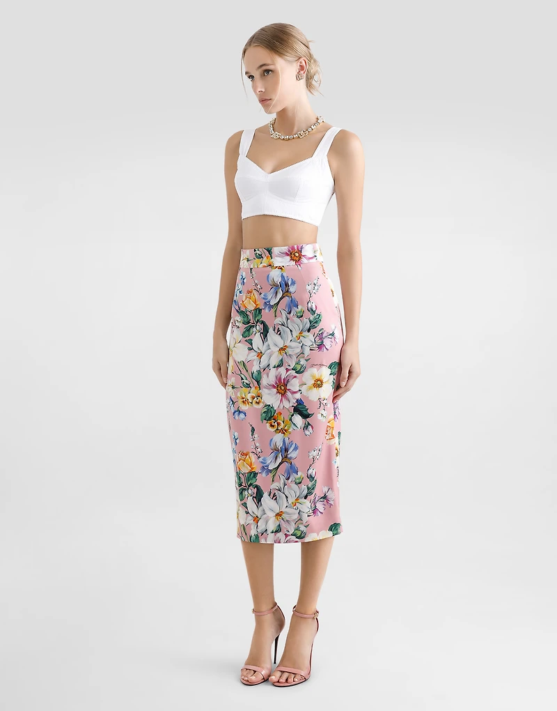 Floral-print charmeuse calf-length skirt