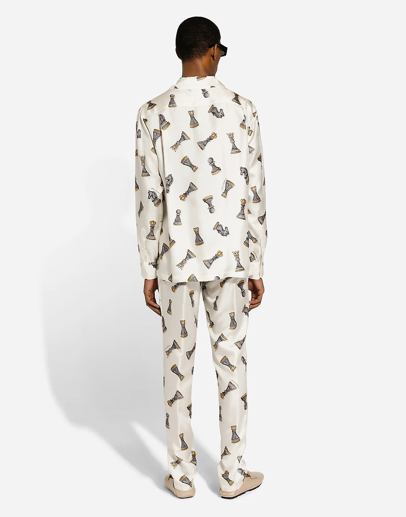 Silk twill shirt with chess-piece print