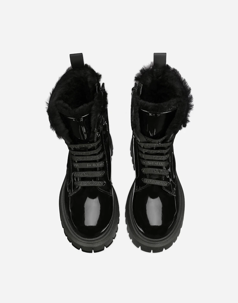 Patent leather combat boots with faux fur lining