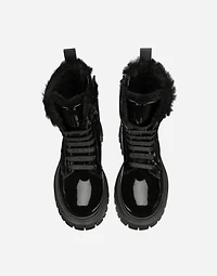 Patent leather combat boots with faux fur lining