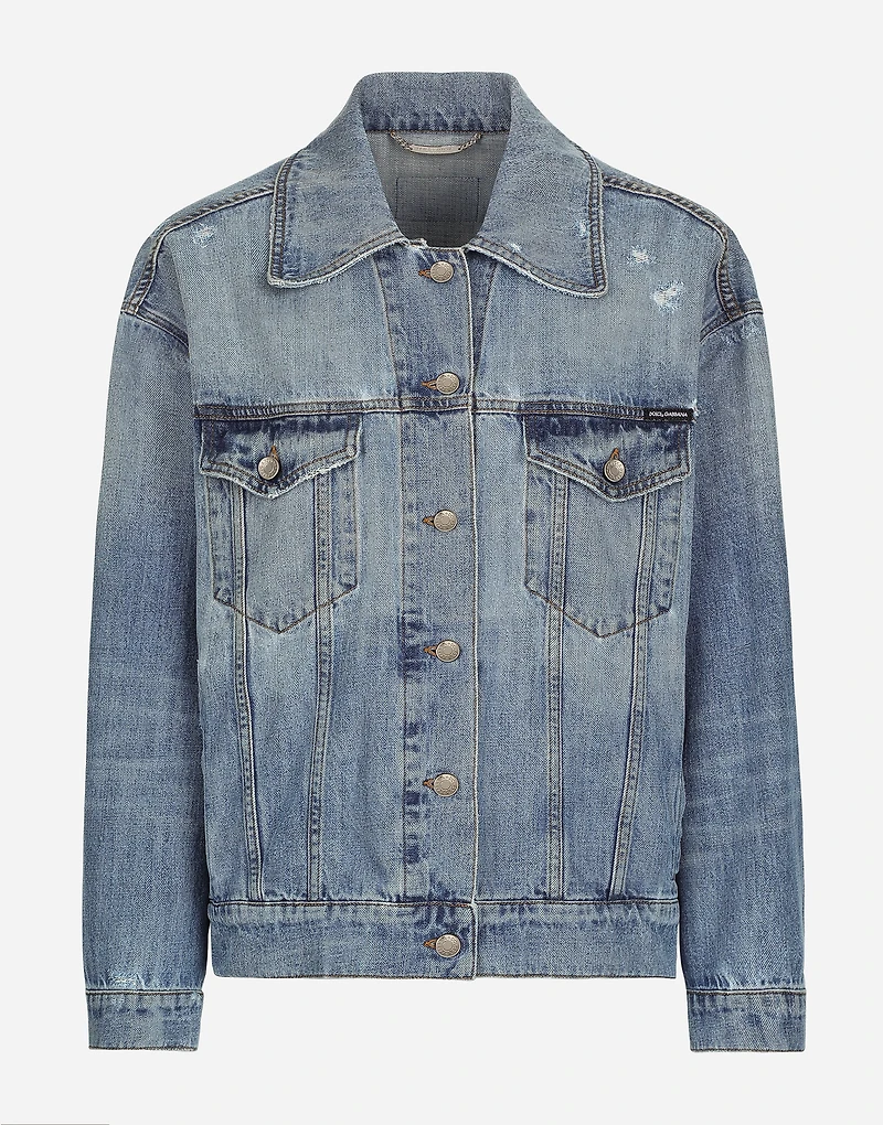 Denim jacket with branded plate