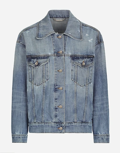 Denim jacket with branded plate