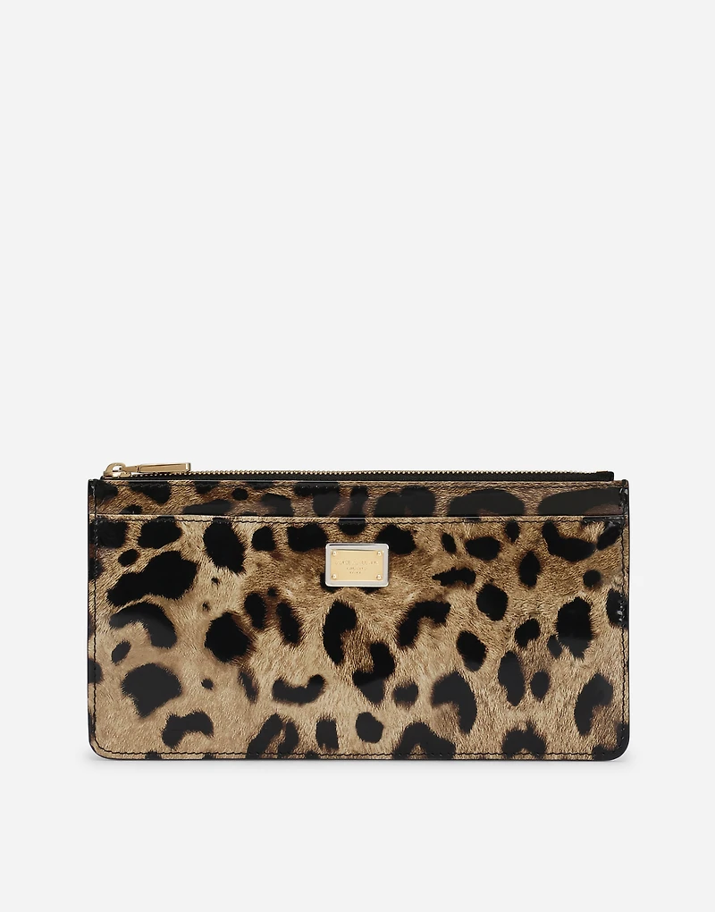 Large polished calfskin card holder with zipper and leopard print