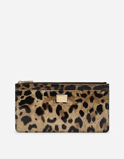 Large polished calfskin card holder with zipper and leopard print