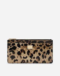 Large polished calfskin card holder with zipper and leopard print