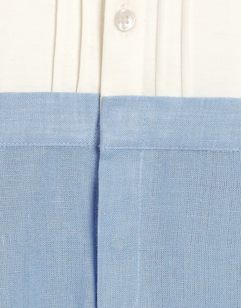 Short-sleeved interlock and linen romper with embroidery