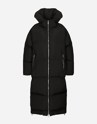 Long padded down jacket with branded tag