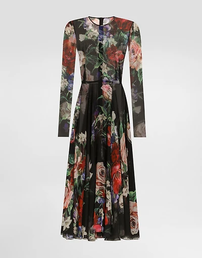 Floral-print chiffon calf-length dress with circle skirt