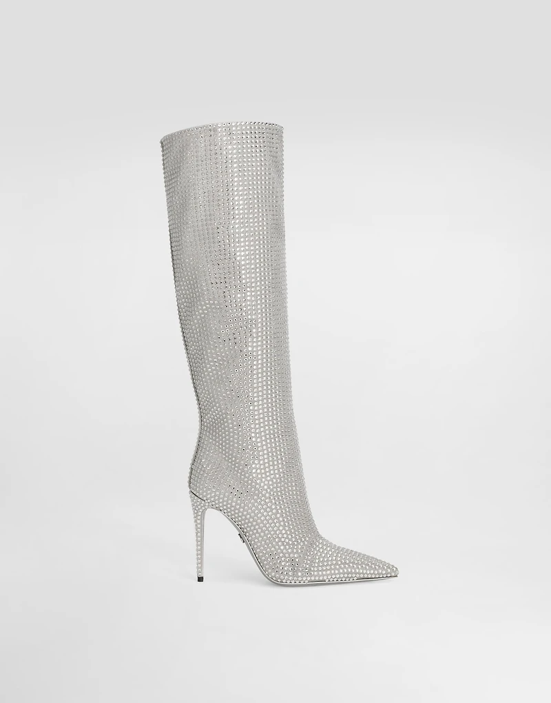Satin boots with fusible rhinestones