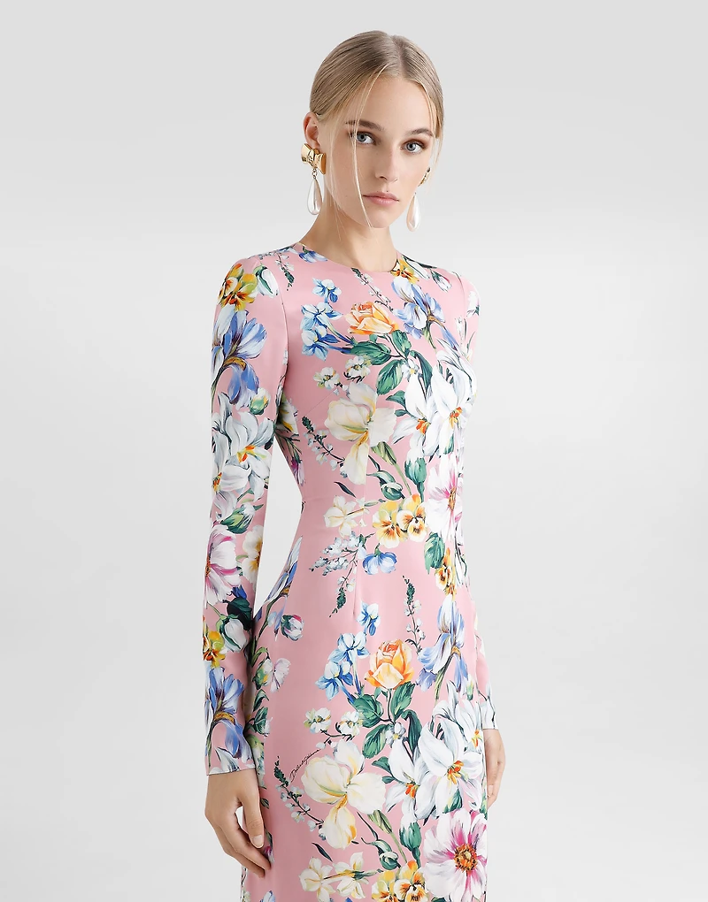 Charmeuse calf-length sheath dress with floral print