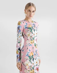 Charmeuse calf-length sheath dress with floral print