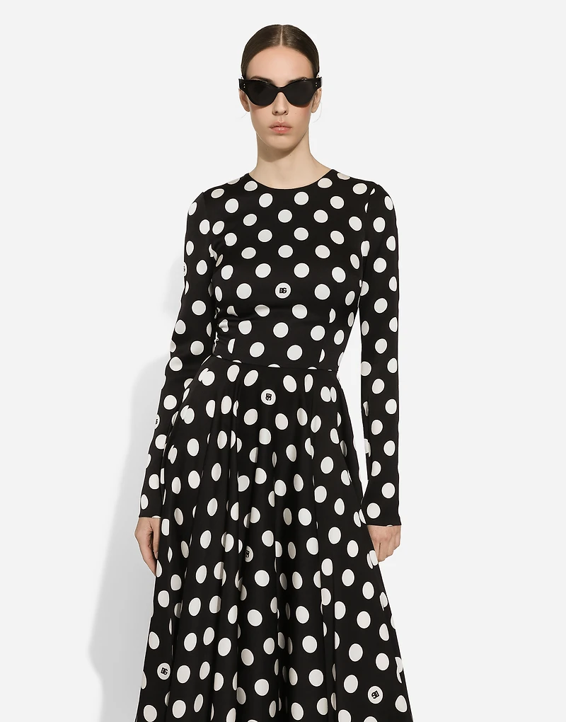 Charmeuse calf-length circle-skirt dress with polka-dot print